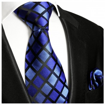Krawatte blau schwarz kariert mit Einstecktuch 480