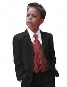 Kinder Anzug festlich schwarz + rotes paisley Westenset mit Krawatte