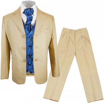 Kinder Anzug festlich beige + blaues paisley Westenset mit Plastron