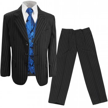 Kinder Anzug / Jungen Anzug festlich schwarz Nadelstreifen + blau paisley Westenset