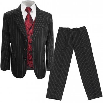 Kinder Anzug / Jungen Anzug festlich schwarz Nadelstreifen + rotes paisley Westenset