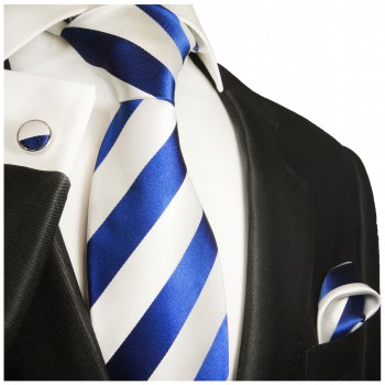 Blaue Krawatte mit Einstecktuch gestreift Seide