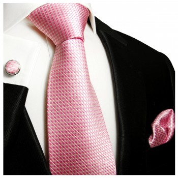 Krawatte pink uni einfarbig Seide mit Einstecktuch und Manschettenknöpfe