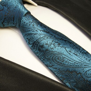 Krawatte aqua blau schwarz 100% Seide paisley floral 373