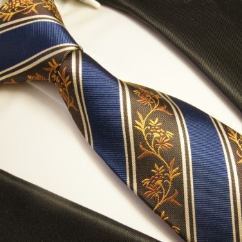 Krawatte blau braun 100% Seide floral gestreift 390