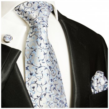Krawatte silber blau geblümt mit Einstecktuch und Manschettenknöpfen Seide 907