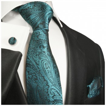 Krawatte aqua blau floral mit Einstecktuch und Manschettenknöpfen 373