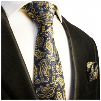 Krawatte marine blau mit Einstecktuch gold paisley Seide 365