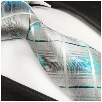 Krawatte türkis silber grau 100% Seide kariert 2027