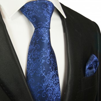 Krawatte blau barock mit Einstecktuch Seide 2050