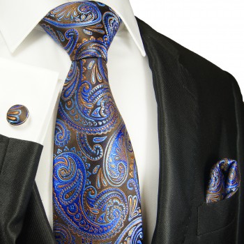 Krawatte blau mit Einstecktuch und Manschettenknöpfe braun paisley seide 2062