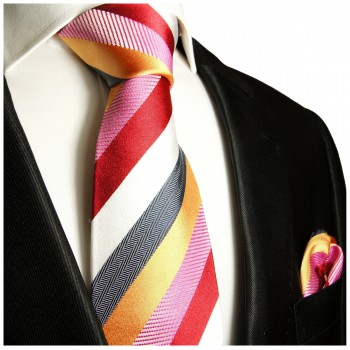 Krawatte gold rot pink grau mit Einstecktuch und Manschettenknöpfe