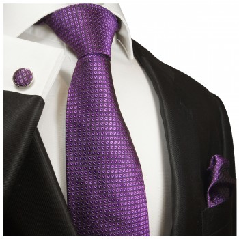Krawatte lila violett kariert Seide mit Einstecktuch und Manschettenknöpfe