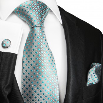 Krawatte grau türkis kariert mit Einstecktuch und Manschettenköpfen 2059