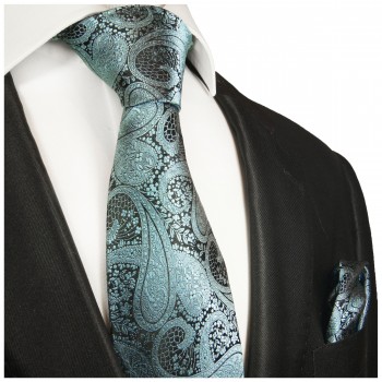 Krawatte tuerkis mit Einstecktuch grau paisley Seide 590