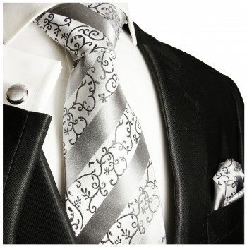 Krawatte silber barock gestreift Seide mit Einstecktuch und Manschettenknöpfe