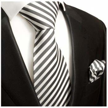 Krawatte anthrazit weiß gestreift Seide mit Einstecktuch