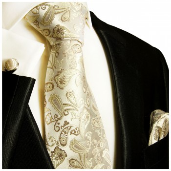 Krawatte braun silber paisley Seide mit Einstecktuch und Manschettenknöpfe