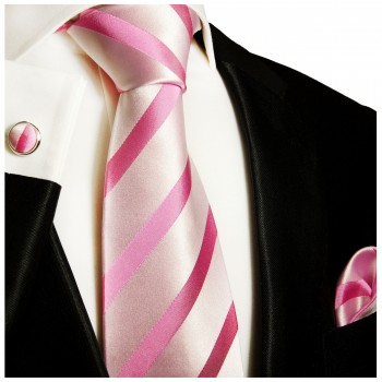 Krawatte rosa pink gestreift Seide mit Einstecktuch und Manschettenknöpfe