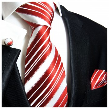 Krawatte rot weiß gestreift Seide mit Einstecktuch und Manschettenknöpfe
