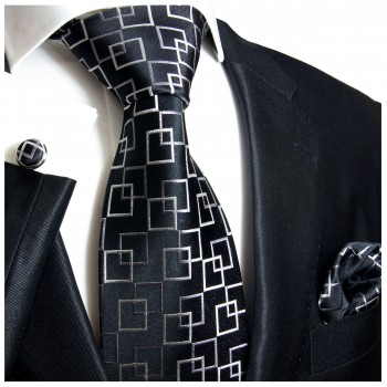 Krawatte schwarz kariert Seide mit Einstecktuch und Manschettenknöpfe