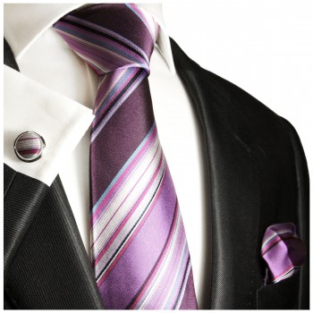Krawatte lila violett gestreift Seide mit Einstecktuch und Manschettenknöpfe