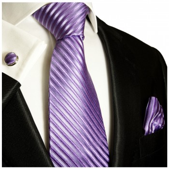 Flieder Krawatte gestreift Seide mit Einstecktuch und Manschettenknöpfe