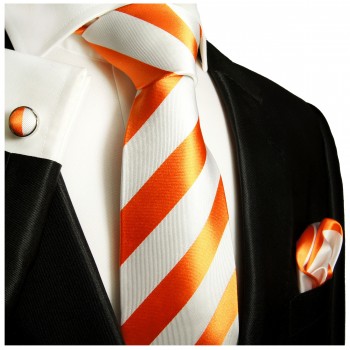 Krawatte orange weiß gestreift mit Einstecktuch und Manschettenknöpfe