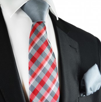 Kontrast Knoten Krawatten Set 2tlg Krawatte + Einstecktuch grau rot P3