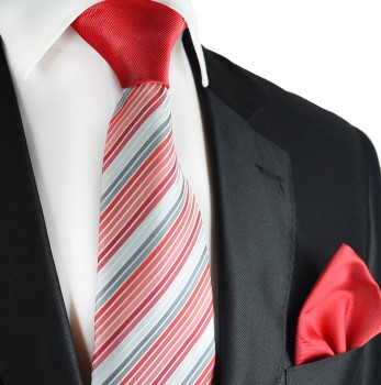 Kontrast Knoten Krawatten Set 2tlg Krawatte + Einstecktuch rot grau P7