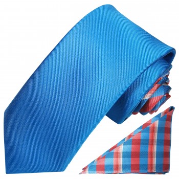 Kontrast Knoten Krawatten Set 2tlg Krawatte + Einstecktuch blau uni P8