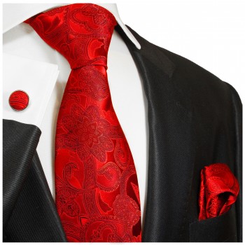 Krawatte rot paisley brokat Seide mit Einstecktuch und Manschettenknöpfe