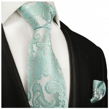 Krawatte türkis mit Einstecktuch paisley brokat 989