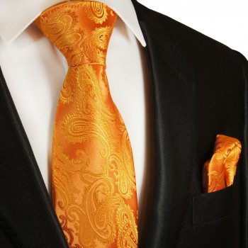Krawatte orange uni paisley Seide mit Einstecktuch