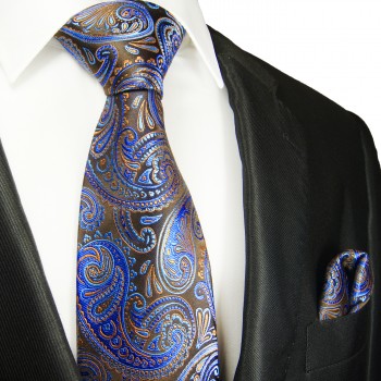 Krawatte blau mit Einstecktuch braun paisley seide 2062