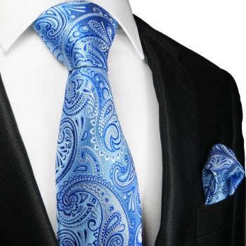 Krawatte hellblau und royal blau mit Einstecktuch paisley 2102