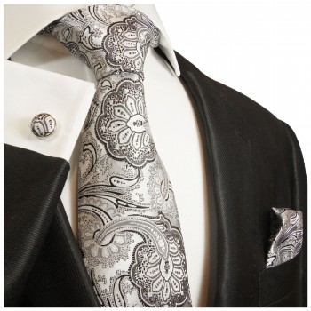 Krawatte silber schwarz paisley floral brokat Seide mit Einstecktuch und Manschettenknöpfe