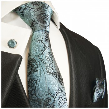 Krawatte tuerkis mit Einstecktuch und Manschettenknöpfen grau paisley Seide 590