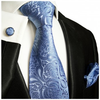 Krawatte blau paisley brokat mit Einstecktuch und Manschettenknöpfen 818