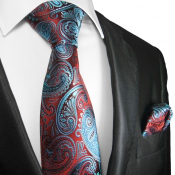 Krawatte rot blau mit Einstecktuch paisley brokat 2061