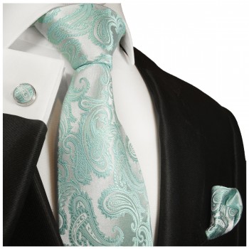 Krawatte türkis mit Einstecktuch und Manschettenknöpfe paisley brokat 989