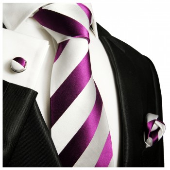 Krawatte pink weiß Seide gestreift mit Einstecktuch und Manschettenknöpfe