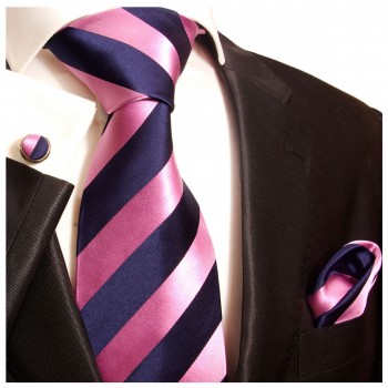 Krawatte dunkelblau pink gestreift mit Einstecktuch und Manschettenknöpfen 453