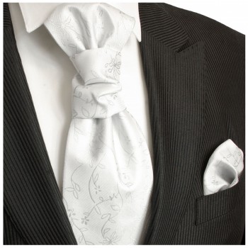 Silber weiße Hochzeitskrawatte mit Einstecktuch floral | Plastron | Hochzeit  Ascot Krawatte