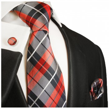 Krawatte blau rot Schottenmuster Seide kariert mit Einstecktuch und Manschettenknöpfe