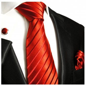 Krawatte rot uni gestreift Seide mit Einstecktuch und Manschettenknöpfe