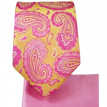 Paul Malone 7-fold Seidenkrawatte mit Einstecktuch gold pink paisley