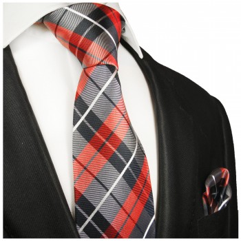 Krawatte blau rot Schottenmuster Seide kariert mit Einstecktuch