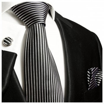 Krawatte schwarz silber gestreift Seide mit Einstecktuch und Manschettenknöpfe