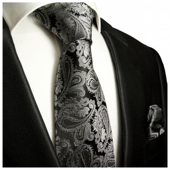 Krawatte grau schwarz paisley brokat Seide mit Einstecktuch